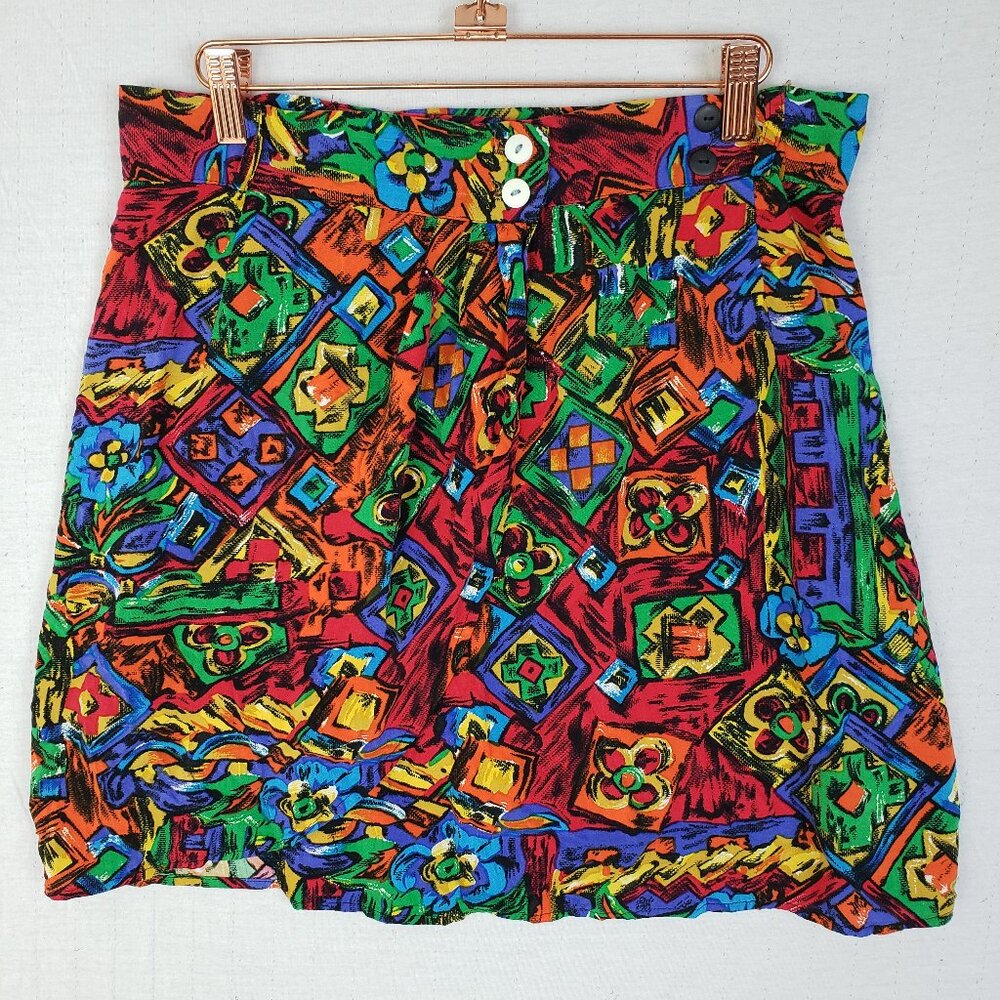 Vintage My Michelle Wrap Mini Skirt Colorful Abstract Print Rayon 80s 90s Size M
